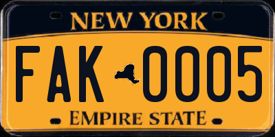 NY license plate FAK0005