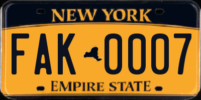 NY license plate FAK0007