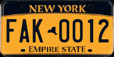 NY license plate FAK0012