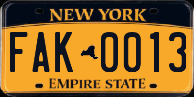 NY license plate FAK0013