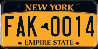 NY license plate FAK0014