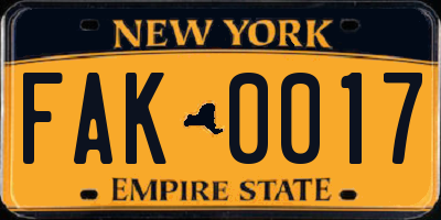 NY license plate FAK0017