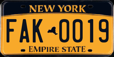 NY license plate FAK0019