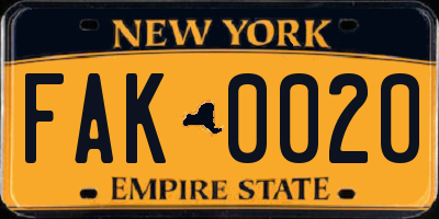 NY license plate FAK0020