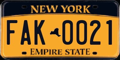 NY license plate FAK0021