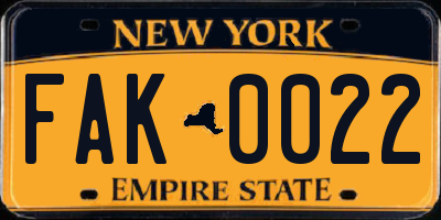 NY license plate FAK0022