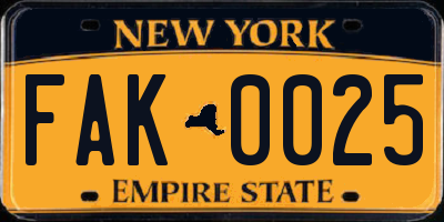 NY license plate FAK0025