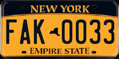 NY license plate FAK0033