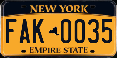 NY license plate FAK0035