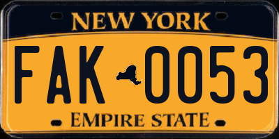 NY license plate FAK0053
