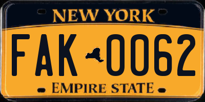 NY license plate FAK0062