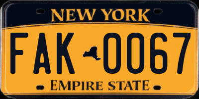 NY license plate FAK0067