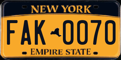 NY license plate FAK0070