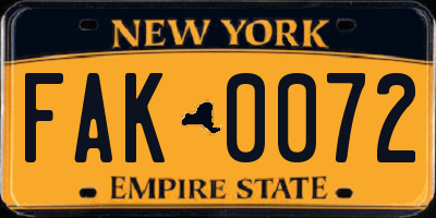 NY license plate FAK0072