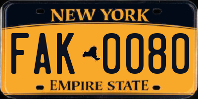 NY license plate FAK0080