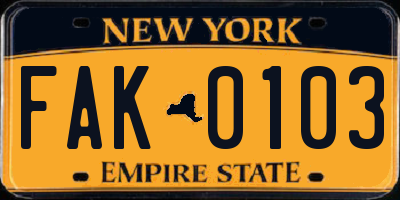 NY license plate FAK0103