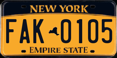 NY license plate FAK0105