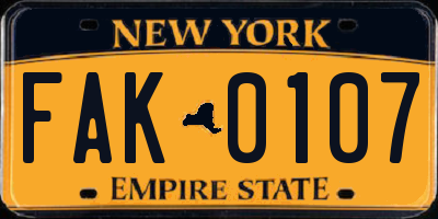 NY license plate FAK0107