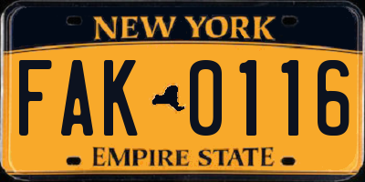 NY license plate FAK0116