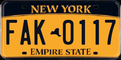 NY license plate FAK0117