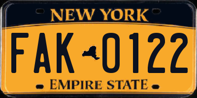 NY license plate FAK0122