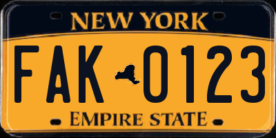 NY license plate FAK0123