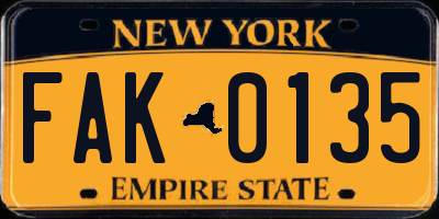 NY license plate FAK0135