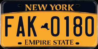 NY license plate FAK0180