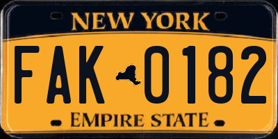 NY license plate FAK0182