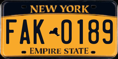 NY license plate FAK0189