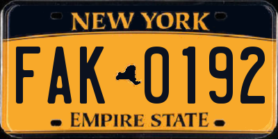 NY license plate FAK0192