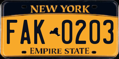 NY license plate FAK0203