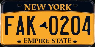 NY license plate FAK0204