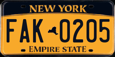 NY license plate FAK0205