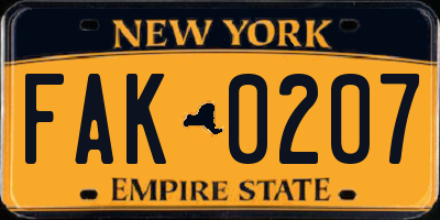 NY license plate FAK0207