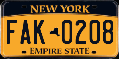 NY license plate FAK0208