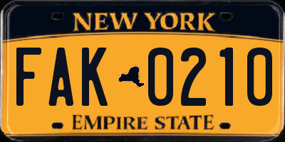 NY license plate FAK0210