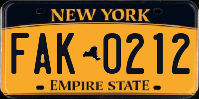 NY license plate FAK0212