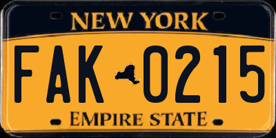 NY license plate FAK0215