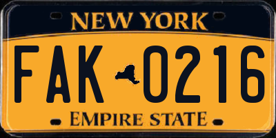 NY license plate FAK0216