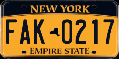 NY license plate FAK0217