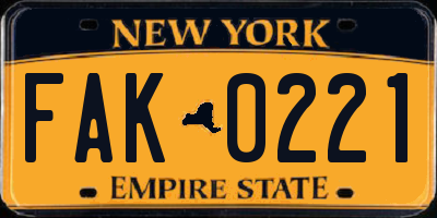 NY license plate FAK0221