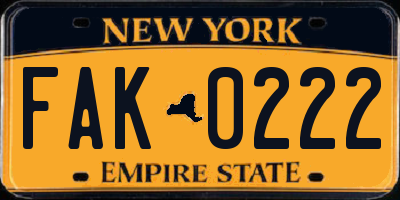 NY license plate FAK0222