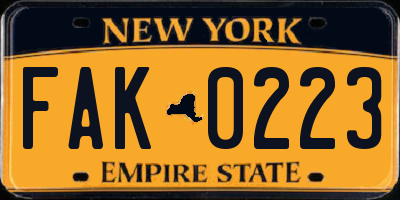 NY license plate FAK0223