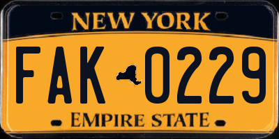 NY license plate FAK0229