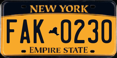 NY license plate FAK0230