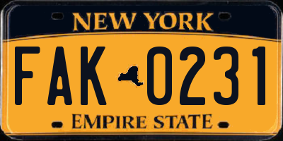 NY license plate FAK0231