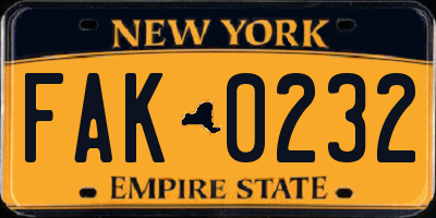 NY license plate FAK0232