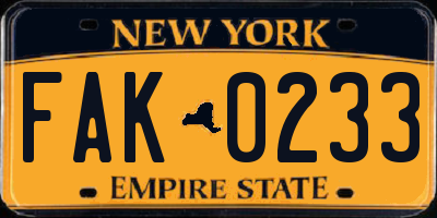 NY license plate FAK0233