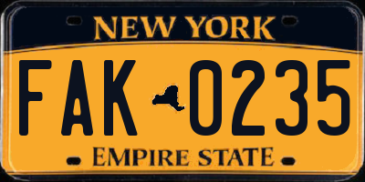 NY license plate FAK0235